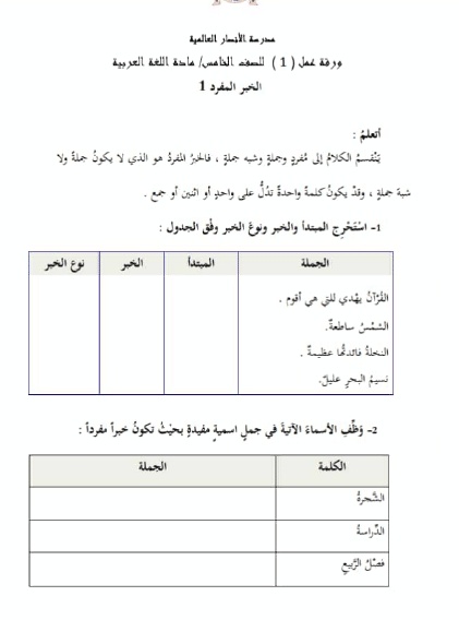 ورقة عمل المبتدأ والخبر