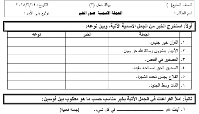 ورقة عمل المبتدأ والخبر