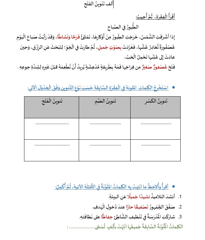 ورقة عمل تنوين الفتح