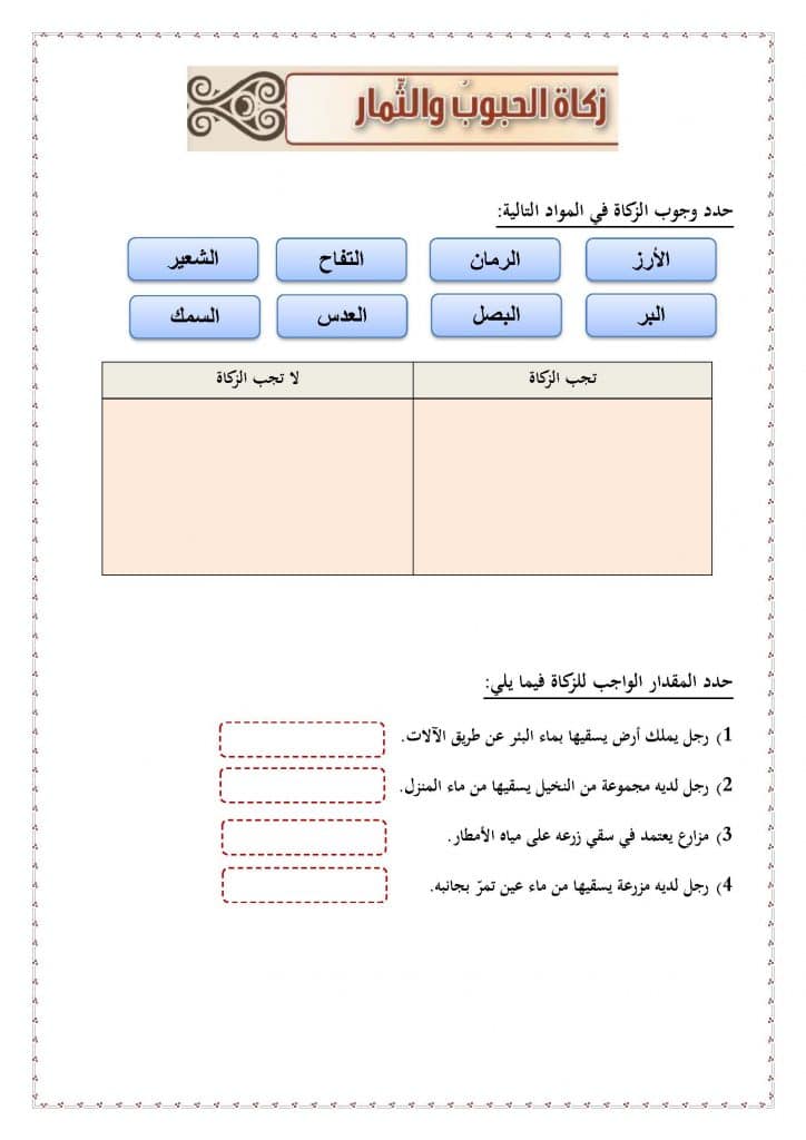 ورقة عمل زكاة الحبوب والثمار