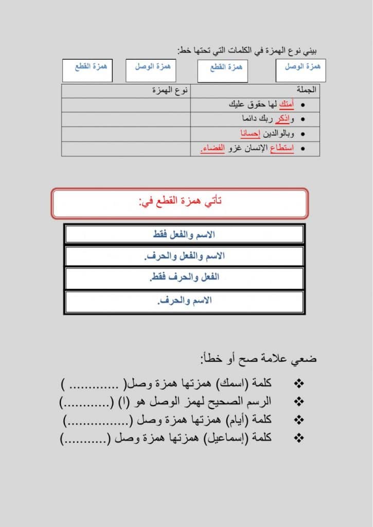 أوراق عمل همزة الوصل والقطع تمارين