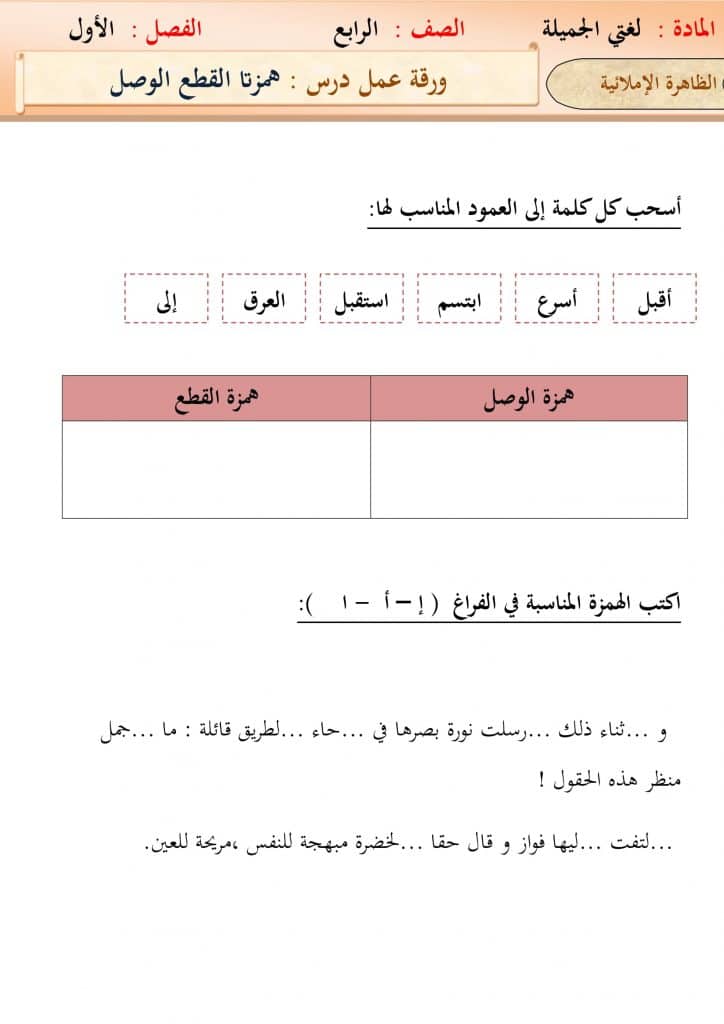 أوراق عمل همزة الوصل والقطع تمارين