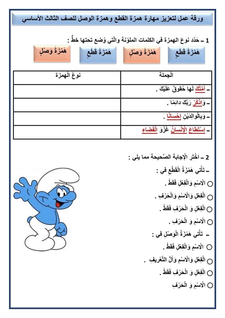 أوراق عمل همزة الوصل والقطع تمارين