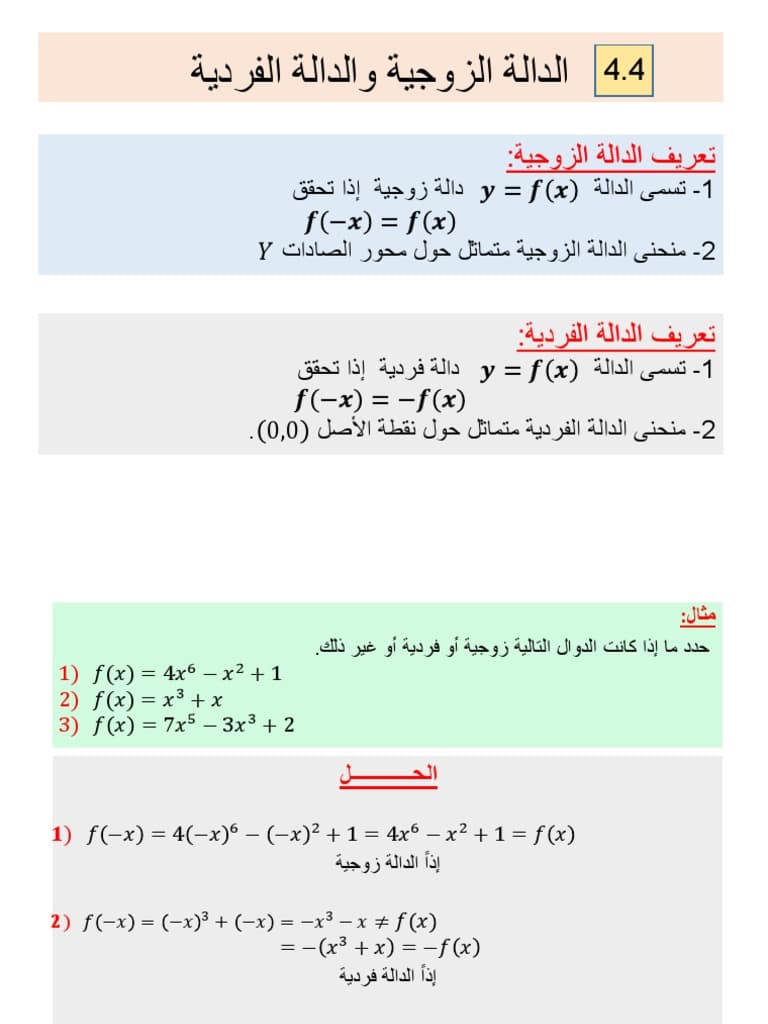 امثلة عن الدوال الزوجية والفردية