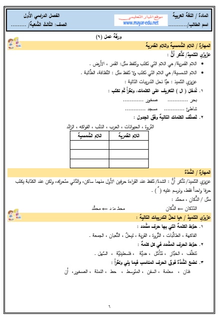 تدريبات على اللام الشمسية والقمرية