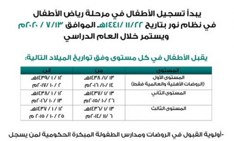 تسجيل روضة نظام نور 1442 / 1443