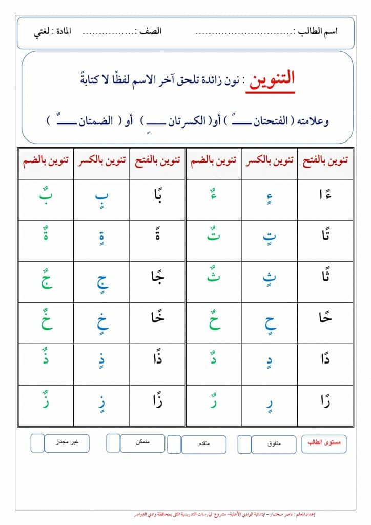 ورقة عمل التنوين