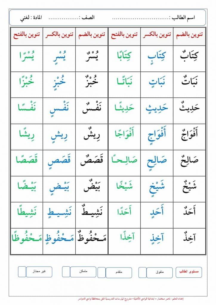 ورقة عمل التنوين