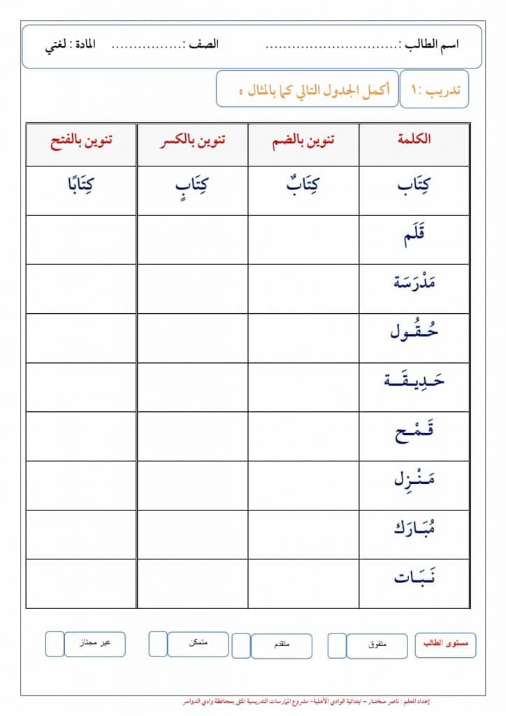 ورقة عمل التنوين