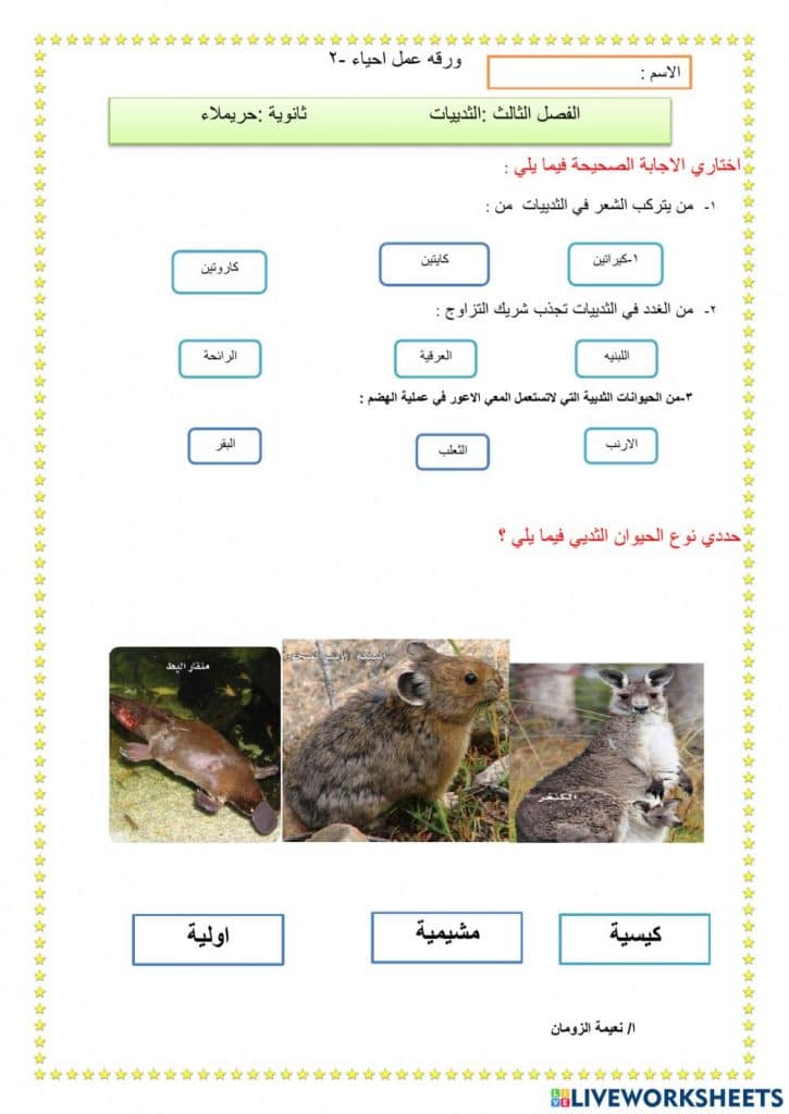 ورقة عمل الثدييات