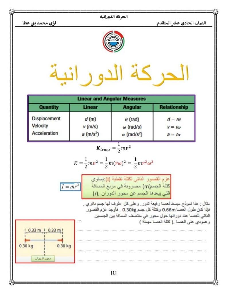 ورقة عمل الحركة الدورانية