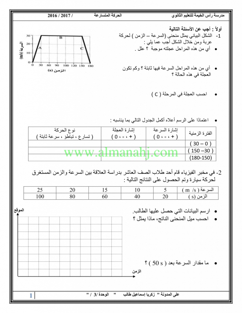 ورقة عمل الحركة بتسارع ثابت