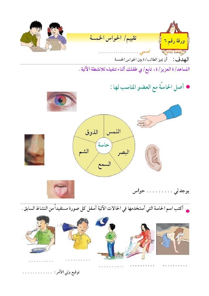 ورقة عمل الحواس الخمس