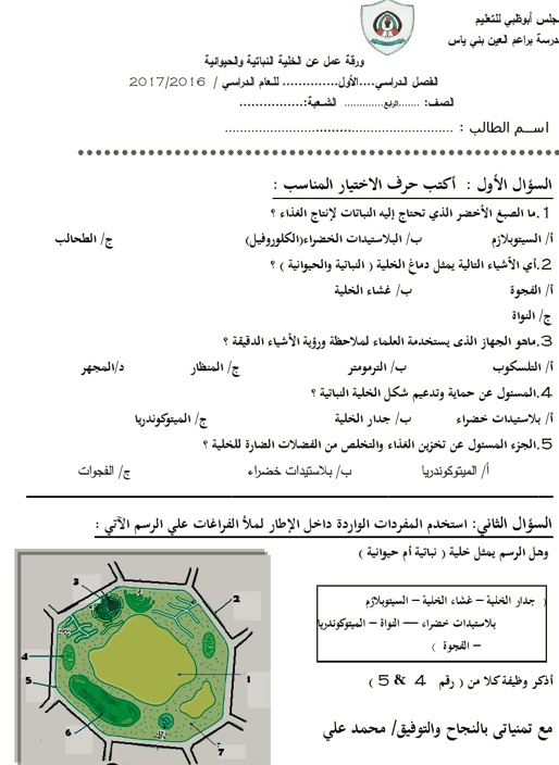 ورقة عمل الخلية النباتية والحيوانية