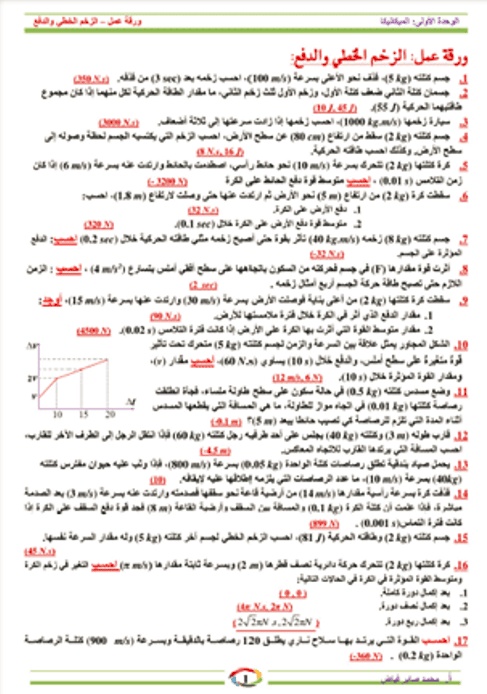 ورقة عمل الزخم الخطي والدفع