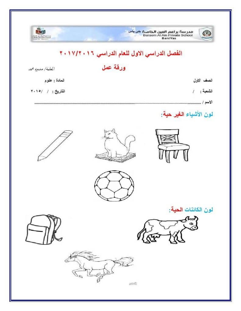 ورقة عمل الصف الاول
