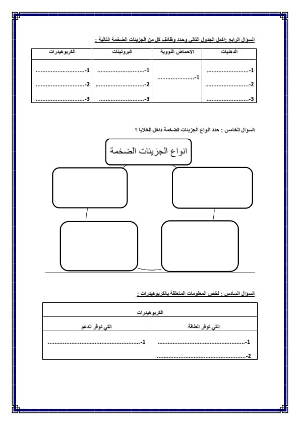 ورقة عمل الصف السادس علوم