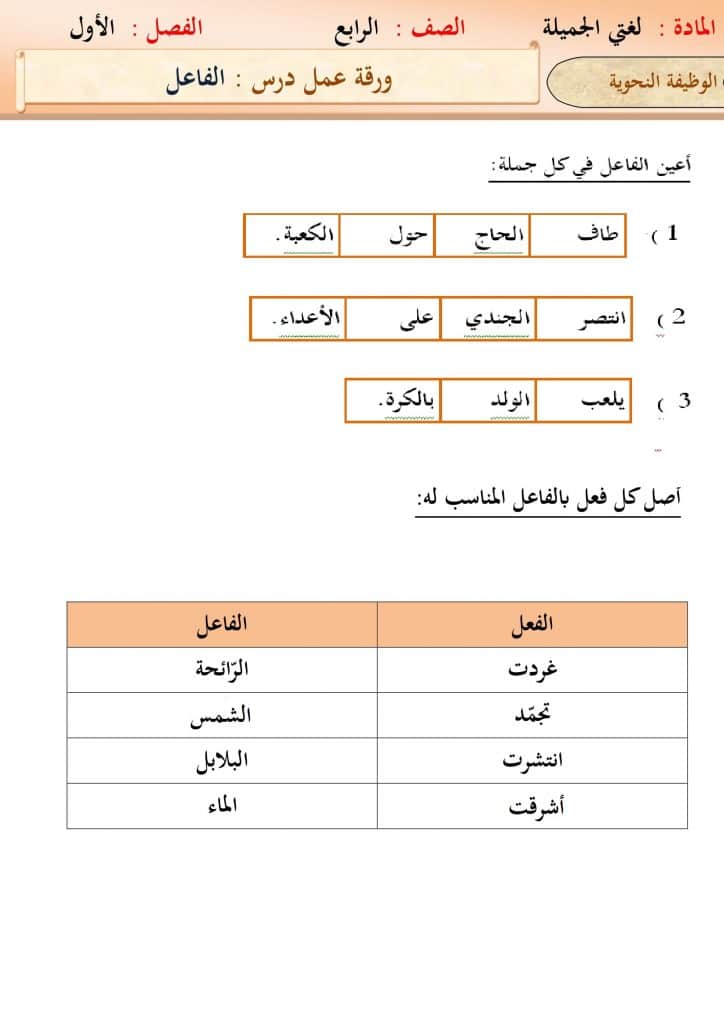 ورقة عمل الفاعل