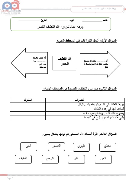 ورقة عمل الله اللطيف الخبير