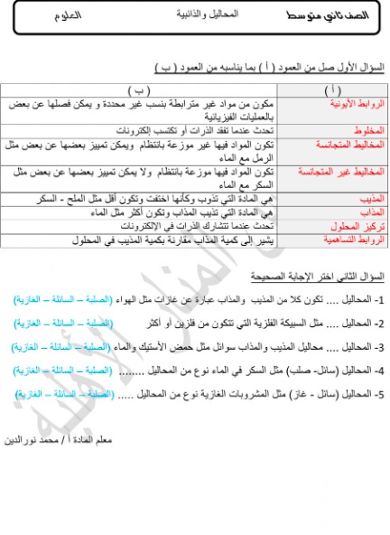 ورقة عمل المحاليل والذائبية