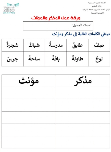 ورقة عمل المذكر والمؤنث