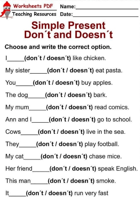 ورقة عمل المضارع البسيط