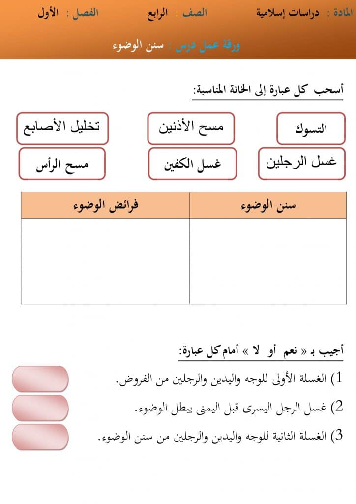 ورقة عمل الوضوء