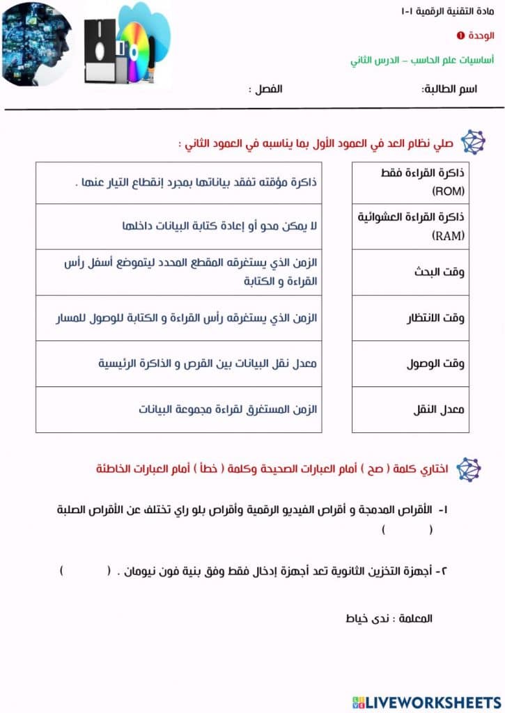 ورقة عمل بنية الحاسب