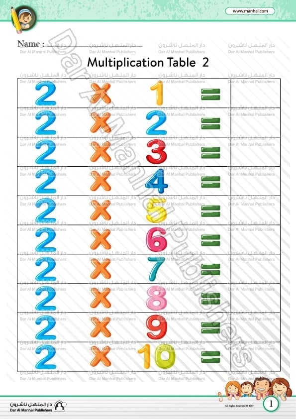 ورقة عمل جدول الضرب