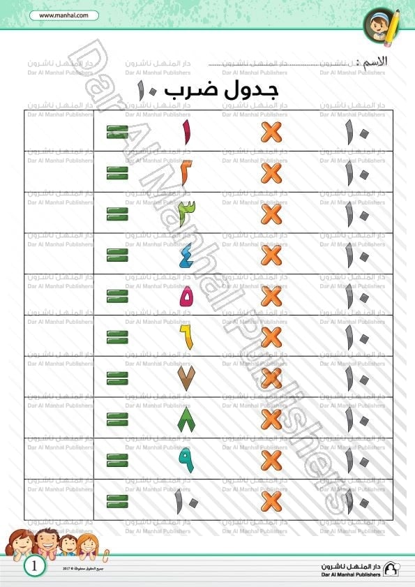ورقة عمل جدول الضرب