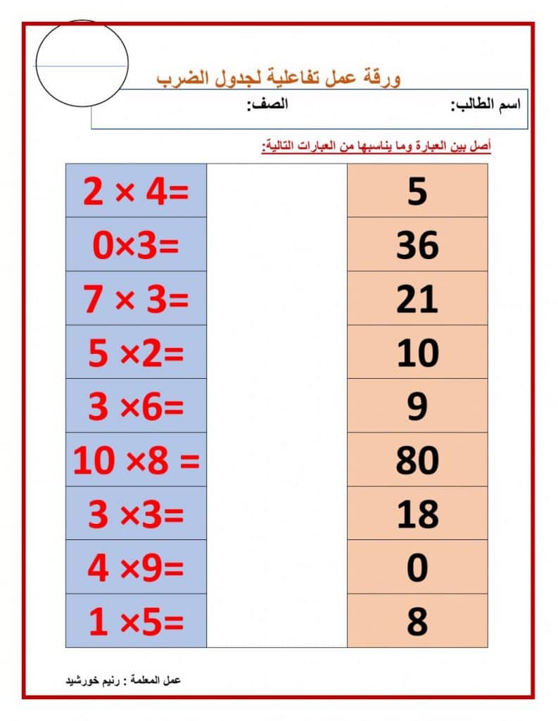 ورقة عمل جدول الضرب