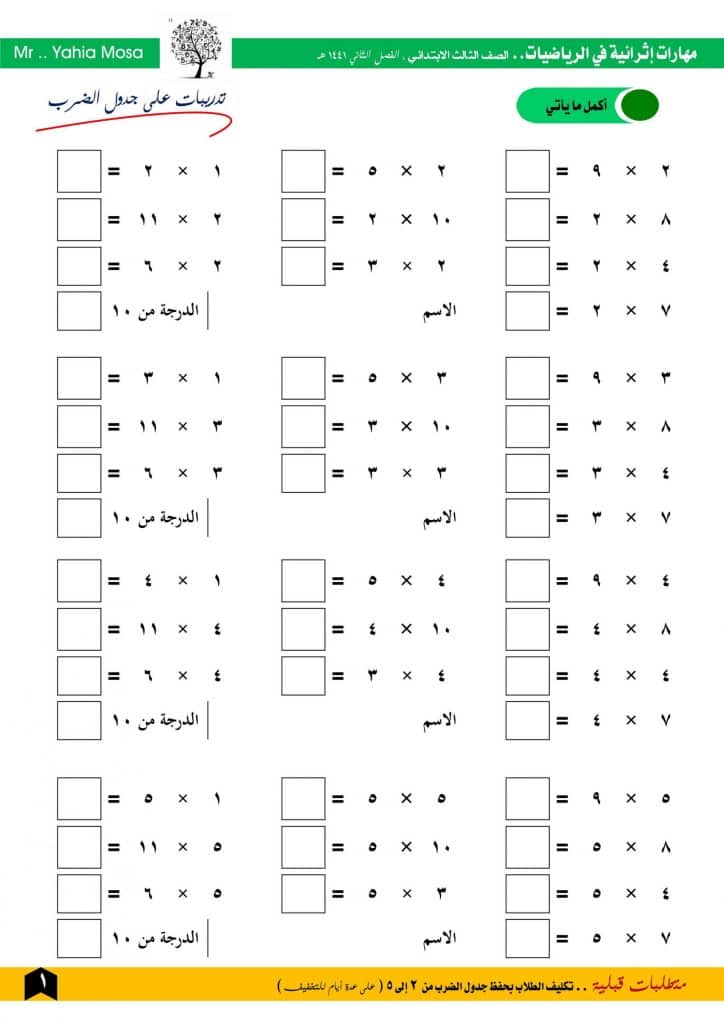 ورقة عمل جدول الضرب